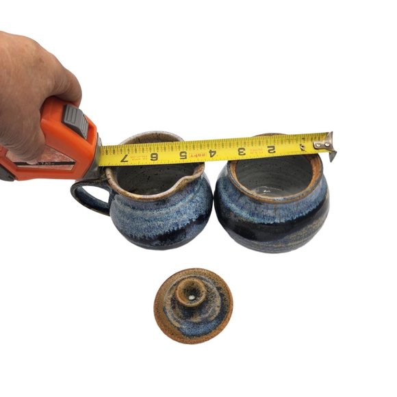 Hand Made Pottery Sugar with Lid and Creamer Set Blue Brown Rustic Clay Artisan - Picture 5 of 8